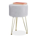 Relaxdays Tabouret en Velours, matelassé, Pieds en épingle, H x D : 45 x 29 cm, Rond, Salon, Chambre, Gris/doré