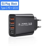 USB-C Laddare 60W Snabbladdare 4-Portar PD Typ-C Snabbladdning 3.0 Väggströmadapter för iPhone Xiaomi Samsung Telefonladdare EU Black