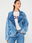 BOSS Oversized Denim Biker Jacket - Blue, Blue, Size 8, Women