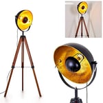 Lampadaire Jupiter en bois et métal noir & or, projecteur rétro-industriel avec interrupteur sur le câble, idéal dans un salon vintage, pour 1 ampoule E27, ampoule(s) non incluse(s)