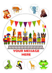 ANIMAL TRAIN BIRTHDAY CAKE  ROUND EDIBLE ICING FROSTING 7.5" + 8 CUPCAKE TOPPERS