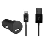 Chargeur voiture 2.4A Charge rapide + Câble USB A/Lightning Noir Bigben - Neuf