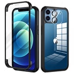 seacosmo Coque iPhone 12 6,1 Pouces, avec Verre Trempé Protection écran et Caméra Arrière Protecteur [9H Dureté], Antichoc Intégrale Ultra Mince 360° Protection Bumper Robuste Transparente - Noir