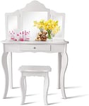 GOPLUS Coiffeuse Enfant Fille, Table de Maquillage avec Tabouret et Miroir Amovible à 3 Volets Pliables, Table Fille avec Tiroir, Bureau Coiffeuse, Chambre d’Enfant,70X35X105 CM (Blanc)