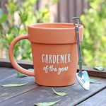 Ceramic Brown Plant Pot Gardener of the Year Mug with Shovel Spoon Gift Set