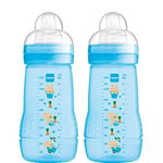 MAM Easy Active Baby Bottle with Medium Flow MAM Teats Size 2, Twin Pack of Baby Bottles, Baby Feeding, 270 ml, Blue (Designs May Vary)