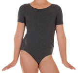 96% COTTON GIRLS LEOTARDS BODYSUIT BALLET GYM DANCING GYM WIDE (140CM/9-10YRS, DARK GREY SHORT SLEEVE)