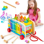 Sundaymot Jouet Montessori Educatif 1 an, 4 en 1 Jouet Xylophone Bebe, Jouet en Bois Jeux Motricite Bebe, Idée Cadeau Bébé 1 2 3 4 Ans -Version Bus