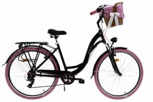 Damcykel Davi Maria med flätad korg, aluminium, 7 växlar, 28" hjul, höjd 160-185 cm, Svart/Rose