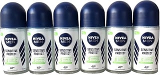 NIVEA MEN Sensitive Protect Antiperspirant Deodorant Pack of 6 (6 x 50 ml), Men's Deodorant with 0 Percent Alcohol, 48 Hour Antiperspirant for Men, Roll Deodorant