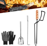 Set D'Outils De Cheminée Avec Pince À Cheminée, Crochet, Pelle À Charbon Et Gants, Pinces Lourdes Avec Poignée En Bois, Crochet De Feu, Pelle À Charbon En Fer, Kit D'Outils Pour Feu De Camp Et