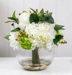 Artificial Hydrangeas and Peony in Glass Vase Arrangement Flowers Decor White