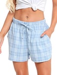 Vlazom Women's Pyjama Shorts Cotton Sleeping Bottoms Plaid Lounge Shorts for Home Yoga Gym Running with Pockets,C-sky blue,XXL