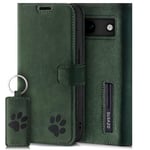 SURAZO Étui de Protection Portefeuille en Cuir véritable pour Google Pixel 8a, avec Motif de Pattes, étui à Rabat RFID, Aimant, Fonction Support, Compartiment pour Cartes, Vert foncé