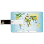 64G USB Flash Drives Credit Card Shape Wanderlust Decor Memory Stick Bank Card Style World Map with Countries and Capital Cities of the Earth with Oceans and Lakes Graphic Art,Multi Waterproof Pen Thu