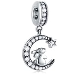 Dangle Bunny on Crescent Moon Charms, Fit Pandora Easter Bracelet Animal Necklace, 925 Sterling Silver Rabbit Pendant Beads with Sparkling CZ, Gift for Wife/Sister/Mom Birthday