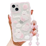 HZLFCZL Compatible avec Coque iPhone 13 avec Chaine Wave Aesthetic Mignon Motif animé planète Lapin Cute Clear Femmes Filles Kawaii Slim Soft TPU Transparent Case for iPhone 13-Rose Clair