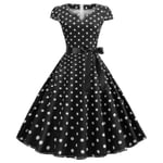 Kvinnors Polka Dot Hepburn Retro 50-tal 60-tal Rockabilly Kvällsparty Swing Midi Klänning (FMY) Black XL