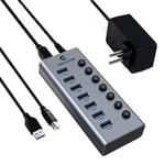 Tymyp Hub USB 3.0 avec Alimentation Hub USB, 7 Port USB Hub Actif Extension USB avec interrupteurs individuels on/Off et 1 m de câble pour Surface, Laptop, PC, HHD, SSD