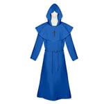 Halloween kostym medeltida munk dräkt munk dräkt trollkarl kostym präst cosplay kostym sjal cos komplett set blue XL