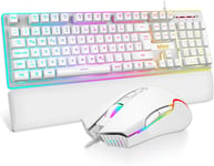 K10 Ensemble clavier et souris de jeu QWERTZ DE-Layout,plaque métallique et repose-poignet,rétroéclairage RVB-et 7D avec ergonomie-pour PC Mac Gamer (blanc)