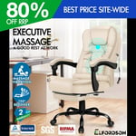 ELFORDSON Massage Office Chair Gaming Seat with Footrest PU Leather Cream