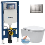 Pack wc Bati-support Geberit Cuvette suspendue sans bride sat + Abattant frein de chute + Plaque de commande Chrome mat