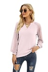 Famulily Women's Casual Long Sleeve Tops Jumpers for Women UK V Neck Lace Loose Tee*Pink XXL