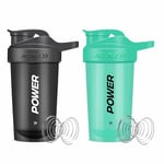 ACUNA POWER Shaker Bottle For Protein Powder 400 ml (Pack Of 2) | Protein Shaker with BPA Free Leakproof Screw On Lid Secure Flip Cap, Sports Gym Supplement Protein Shake Bottle (Sea Green - Black)