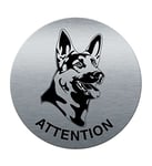 AUA SIGNALETIQUE - Plaque de porte Aluminium brossé imprimé AluSign Ø 85 mm - épaisseur. 3 mm - Double Face adhésif au dos (Chien de Garde)