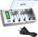 Chargeur de Piles Rechargeable Universel, Chargeur de Batterie Rapide pour AA/LR6, AAA/LR3, C/R14, D/R20, 9V Piles Rechargeables Ni-MH Ni-CD, avec Fonction de Décharge