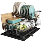 MAJALiS Dish Drainer Rack, 2 Tier Dish Drainer with Drip Tray and Drainer Mat, Stainless Steel Dish Rack with Utensil Holder, Swivel Spout, Draining Board Rack for Kitchen Counter, Black