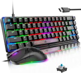 MK14 65% Mini Clavier Souris Gamer Bleu Mécanique Switch 12000DPI LED Illuminer Legere Souris Bleu RGB Retro Eclairé Petit Clavier Gaming PC Mac Tablet Computer Laptpo Tapis De Souris