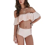 Strapless Bathing Suits for Women 2 Piece Ruffle Bandeau High Waist Open Back Padded Bathing Suits Slimming Bandeau Top with Shorts Full Coverage Swimsuits Beach Swimwear,Pink,L