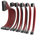 deleyCON Kit de 6 Câbles D'alimentation 30cm - Interface Graphique Interne PC Ordinateur Carte Mère 18 AWG ATX 24-Broches EPS 4+4-Broches PCI Express 6+2 & 6-Broches Prise Mâle Vers Femelle Noir Rouge