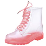 LUXMAX Womens Chunky Low Heel Lace Up Waterproof Wellington Combat Clear Ankle Rain Boots Size 6.5UK,Pink