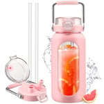 HYDRAGLAZIC 2L Verre Gourde avec paille et marqueur de temps Motivationnel Bouteille avec manchon en silicone Large bouche Borosilicate Cruche d'eau Sans BPA Anti-fuite, Rose