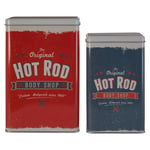 Set of 2 Hot Rod Storage Canisters Tin Container Airtight Lid Retro Garage Style