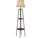 Lampadaire design contemporain 2 étagères intégrées 40 w 166H cm métal noir mdf aspect bois de noyer tissu beige