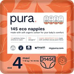 Pura Baby Toddler Nappies Size 4 (Maxi 7-18kg / 15-40 lbs) Monthly Pack 5 x 29 per pack, 145 Nappies, Allergy UK Approved, Made with Organic Cotton, up to 12 hour Leakage Protection