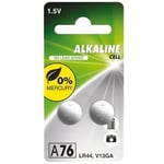 Pile alcaline LR44 A76, sans Mercure, 2 Piles incluses. Dimensions : 11,60 x 5,40 mm. Tension : 1,5 V. Capacité : 110 mAh.