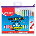 Maped - 15 Feutres de Coloriage Ultra-lavables/Longue Durée Feutres Long Life Pointe Moyenne Bloquée - Fourniture Scolaire - Trousse Plastique Transparente