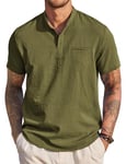 COOFANDY Homme Chemise Lin à Manches Courtes Chemises Henley Chemisette D'éTé DéContractéEs Shirt Travail avec Poche Poitrine Gauche Casual Tshirts Regular Fit Vert armée S