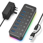 RGB Powered USB 3.0/USB C Hub RSHTECH 7-Port USB 3.0 Data Hub Splitter with 14 RGB Lighting Modes, 20W Power Adapter, USB A/USB C Cable and Individual On/Off Switches (RSH-518R)