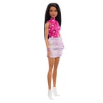 Barbie Fashionistas Doll #215 with Black Straight Hair, Pink Star-Print Top & Iridescent Skirt, 65th Anniversary Collectible Fashion Doll, HRH13