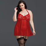 RIQWOUQT Lingerie Femme Ensemble Soutien Gorge Sexy Pyjama À Bretelles Col Plat Rouge Grande Taille Chemise De Nuit en Dentelle Ensemble De sous-Vêtements Tulle Lingerie Sexy Simple Transparente, X