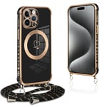 Pnakqil Coque Magnétique pour iPhone 15 Pro Con Cordon, Compatible avec MagSafe, Silicone Housse avec Motif Coeur d'amour Réglable Collier Lanyard, Antichoc Etui pour iPhone 15Pro, Chaine-Noir