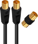 Câble TV Antenne 9.52mm, 5 Mètres, Connecteurs Gold Mâle/Mâle, Cordon Coaxial Noir avec Adaptateur Femelle/Femelle Inclus, Compatible TV Décodeur TNT Fiche Murale 9.52mm, 408026, 5m