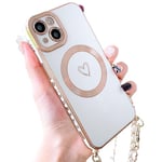 HZLFCZL Coque pour iPhone 14 Plus avec La chaîne Coque,Compatible avec MagSafe,Protection de lentille de caméra,Luxe en Forme de cœur avec Chaine Soft TPU Case for iPhone 14 Plus-Blanc