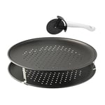 Zenker 7515 Set de cuisson pizza, 3 plaques à pizza et 1 grille four, plaque pizza, plaque de cuisson pour pizza, plat pizza four, moule pizza, Acier, Noir, 29 x 1,5 cm